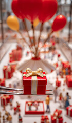 Small red gift box floating inside glass cabinet of gift boxes