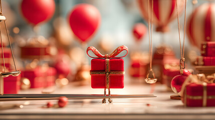 Elegant small red gift box held inside luxurious boutique store