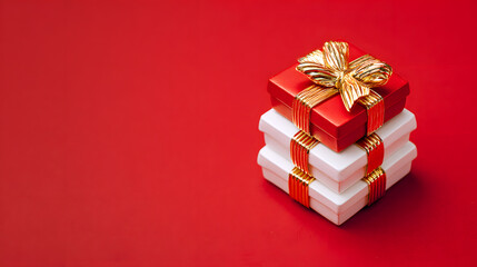 Red gift box with golden ribbon among elegant white presents