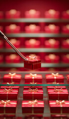 Tiny red gift box captured by claw in festive machine