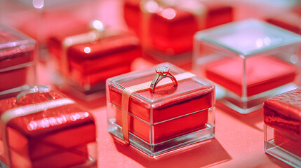 Diamond ring showcased on elegant red gift box in display