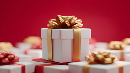 White gift box with golden ribbon among elegant white presents