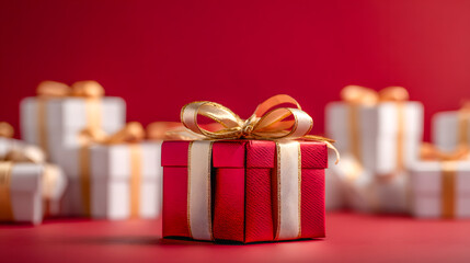 Red gift box with golden ribbon among elegant white presents