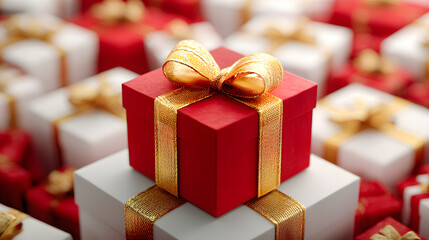 Red gift box with golden ribbon among elegant white presents