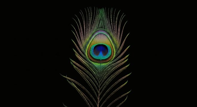 Isolated Peacock Feather on Black Background: Dramatic High-Contrast Shot of Iridescent Eye for Luxury and Elegance