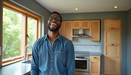 Happy man with glasses in new home kitchen. Cheerful homeowner smiles in a modern house. Kitchen with wooden cabinets and big window. Black man enjoys sunlight.
