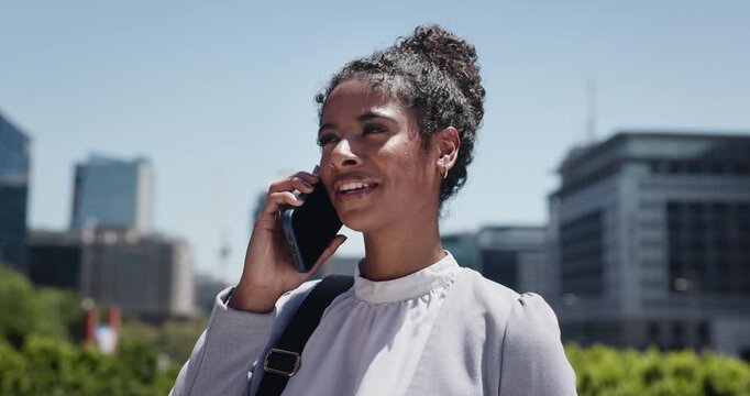Phone call, talking and business woman in city for conversation, discussion and networking. Morning commute, professional and person on smartphone for connection, negotiation and contact in town