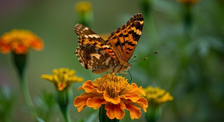 Fototapeta premium Orange Butterfly Resting on Yellow Marigold Flower