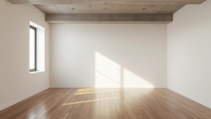 Empty office or loft interior with hardwood floor. White wall with copy space and windows in background. 3D rendered image