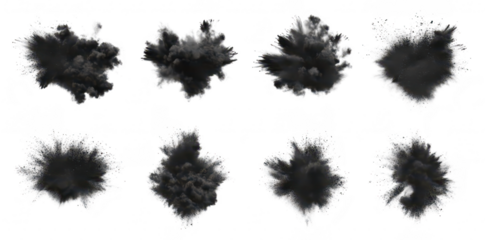 A series of black powder explosions captured in various shapes and sizes. dynamic movement against a white background. ideal for use in design or artistic projects