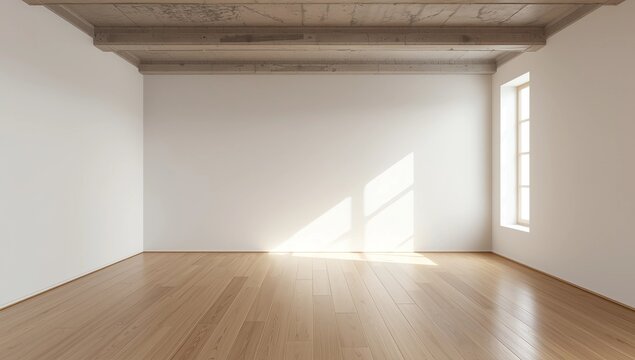 Empty office or loft interior with hardwood floor. White wall with copy space and windows in background. 3D rendered image - Powered by Adobe