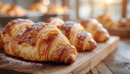 Several powdered croissants on a wooden board, perfect for bakery websites, food blogs, or cooking magazine illustrations. Delicious breakfast concept.