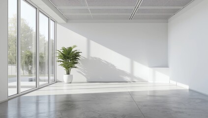 Fototapeta premium Empty office interior with tiled concrete floor. White wall with copy space and windows in background. 3D rendered image