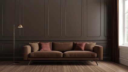 Fototapeta premium Home Interior With Brown Leather Sofa, Empty Wall And Floor Lamp