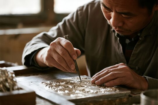A craftsman meticulously engraves intricate patterns into a metal surface using a fine tool in a workshop setting. - Powered by Adobe