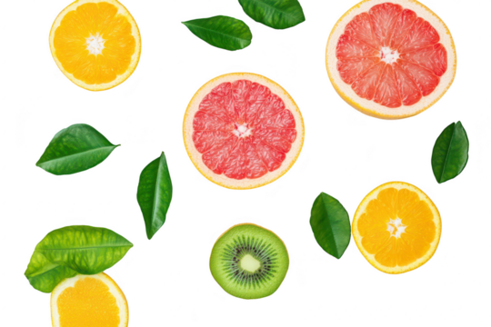 A arrangement of citrus fruits including oranges. grapefruits. and a kiwi. surrounded by fresh green leaves. set against a clean white background. ideal for health and wellness themes - Powered by Adobe