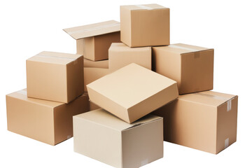 Fototapeta premium A stack of assorted cardboard boxes in various sizes. arranged haphazardly. set against a clean. white background. suggesting storage. shipping. or organization themes