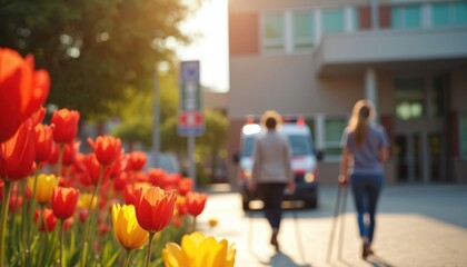 Tulips bloom near hospital entrance. People walk toward ambulance. Medical emergency at health care facility. Patient with crutches, flowers symbolize healing hope.