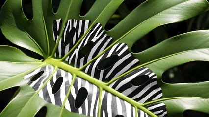 Zebra Butterfly Resting on a Lush Green Monstera Leaf.