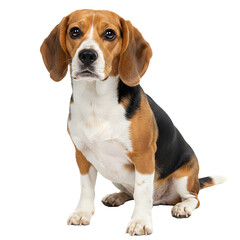 A beautiful tricolor beagle dog sitting obediently and looking forward, isolated on a white background.