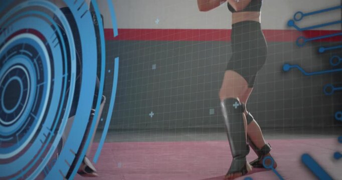 Two female fighters training boxing on mat, advancing low kicks, pivoting, left HUD overlaying code