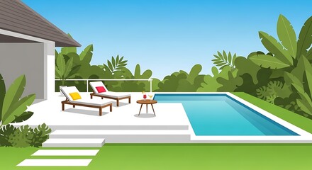 Tropical villa poolside retreat, serene getaway with deckchairs