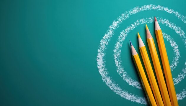 Four yellow pencils on teal background next to chalk circles. Concept of planning strategy creativity. Pencils pointing towards center goal. Art illustration design office supply element. - Powered by Adobe