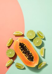 Vibrant papaya halves complemented by refreshing lime slices arrangement