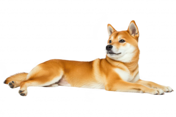 A Shiba Inu dog lounging gracefully on a clean white background. its alert expression and sleek fur. ideal for pet-related content and animal photography