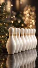 A row of white bowling pins stands on a polished surface. Soft, warm lights and a Christmas tree are in the background, creating a festive atmosphere.