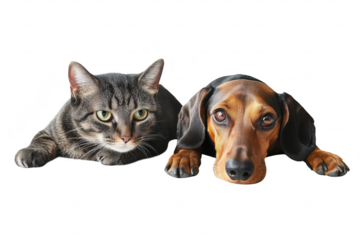 A playful cat and a friendly dachshund lying side by side on a clean white background. their unique features and expressions. perfect for pet-related content