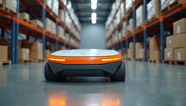 Robot moves in warehouse. Automated logistics system uses robots for inventory. Autonomous robotic vehicle transports goods. Smart tech improves efficiency in supply chain management