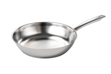 A sleek stainless steel frying pan positioned on a clean white surface. highlighting its reflective finish and modern design. ideal for culinary photography and kitchenware catalogs