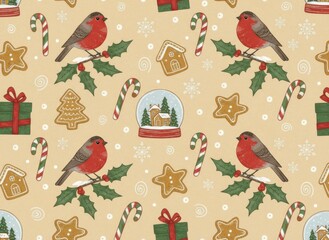 Christmas winter holiday seamless pattern with robin and gingerbread