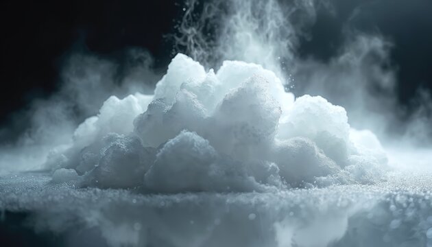 Pile of dry ice emits vapor on dark backdrop. Solid carbon dioxide exhibits aesthetic texture, temperature, transformation. Science exploration displays cold reaction with innovative impact in lab