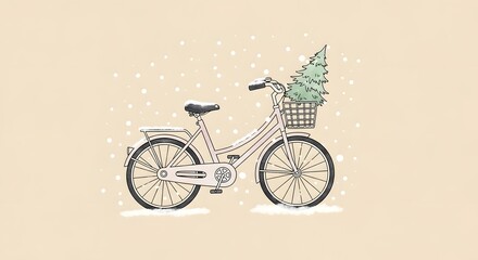 Hand-drawn illustration of a vintage bicycle with a Christmas tree in its basket, with falling snow.
