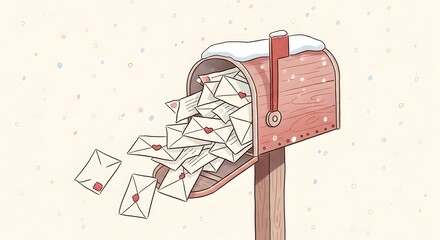 An illustrated red mailbox overflowing with love letters sealed with hearts during a gentle snowfall.