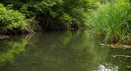 Obraz premium School of Fish Swimming in a Lush Green River