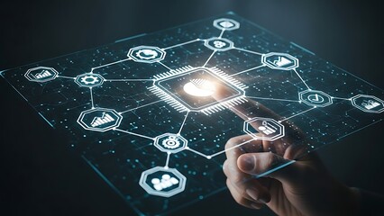 Hand Touching Holographic Digital Interface with Network Connections and Icons