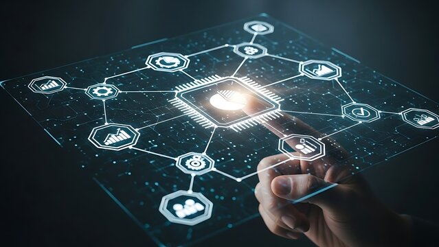 Hand Touching Holographic Digital Interface with Network Connections and Icons
