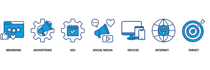 Digital marketing icon set vector illustration concept with icon of Branding, Advertising, Seo Marketing, Social Media, Electronic Devices, Internet, Target.