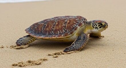 Sea Turtle Crawling on Sandy Beach Shoreline
