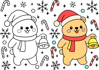 Festive bear celebrating christmas winter wonderland scene coloring page cute environment with bells cheerful viewpoint for holiday relaxation and creativity