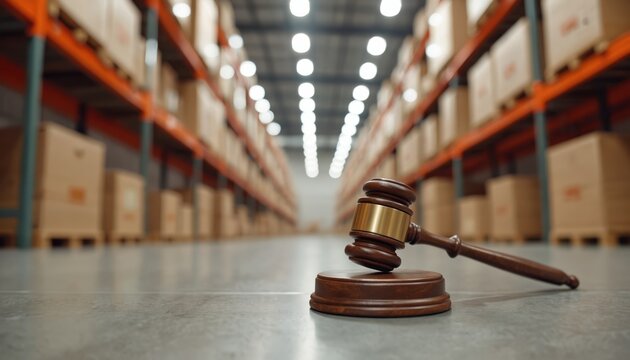 Warehouse auction gavel on concrete floor. Industrial setting with stacked pallets, shelving. Represents legal proceedings business disputes asset liquidation. Suitable for finance law logistics
