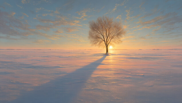 Serene winter landscape features solitary tree casting long shadow over snowy field at sunset - Powered by Adobe