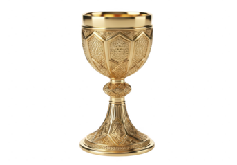 Ornate golden chalice with intricate geometric engraving isolated on transparent background