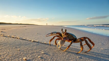 Fiddler crab walking on sandy beach at sunrise, close-up wildlife photo with ocean and coastal landscape, tropical marine life, seashore ecosystem, summer vacation nature scene, coastal exploration