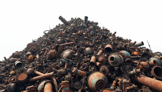 Massive scrap metal heap dominates landscape. Industrial waste accumulates forming towering pile of rusted components, machinery. This image represents resource recovery, circular economy concepts.