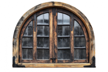 A beautifully crafted arched wooden window with multiple panes. rustic charm. set against a plain white background. ideal for architectural design inspiration