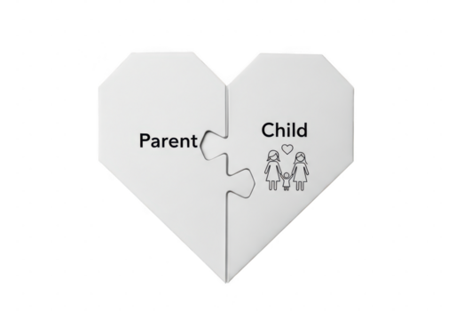 Two puzzle pieces forming a heart shape with parent and child text isolated on transparent background